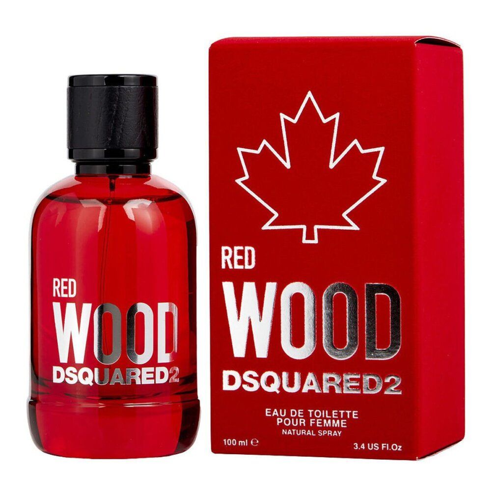 Roter Flakon und Schachtel. Aufschrift: RED WOOD Dsquared2. Ahornblatt auf der Schachtel. Schwarzer Verschluss.