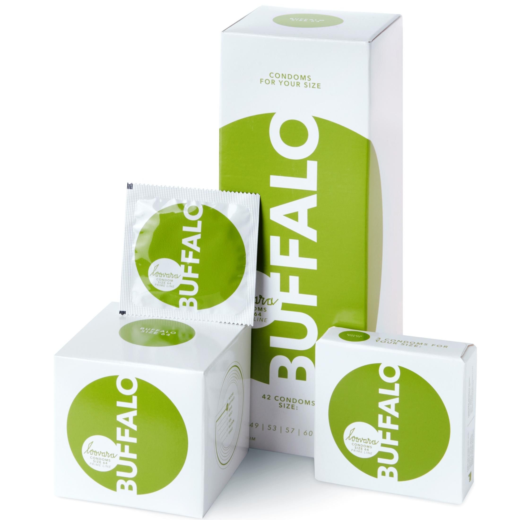Produkt-Ensemble: Schachteln und Kondomverpackung. "BUFFALO" und "Loovara" sind sichtbar. Verschiedene Größen.