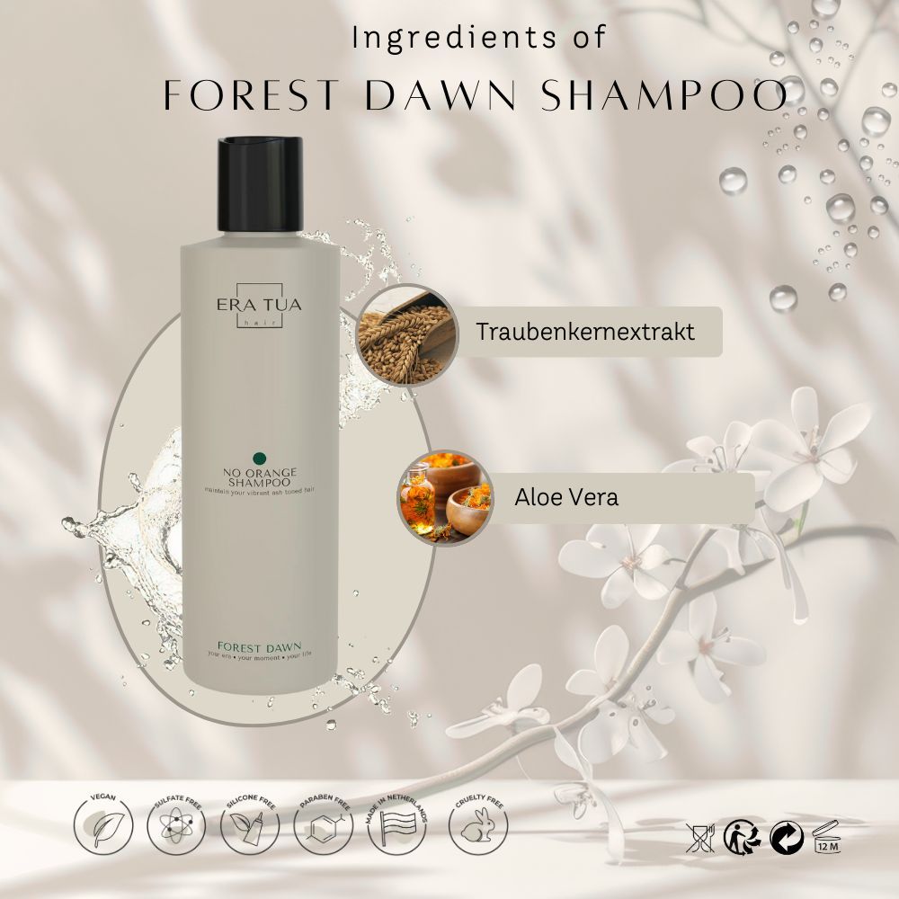 Eine Flasche Shampoo mit schwarzem Deckel. Text: Era Tua, Forest Dawn. Inhaltsstoffe: Traubenkernextrakt, Aloe Vera. Vegan-Siegel.