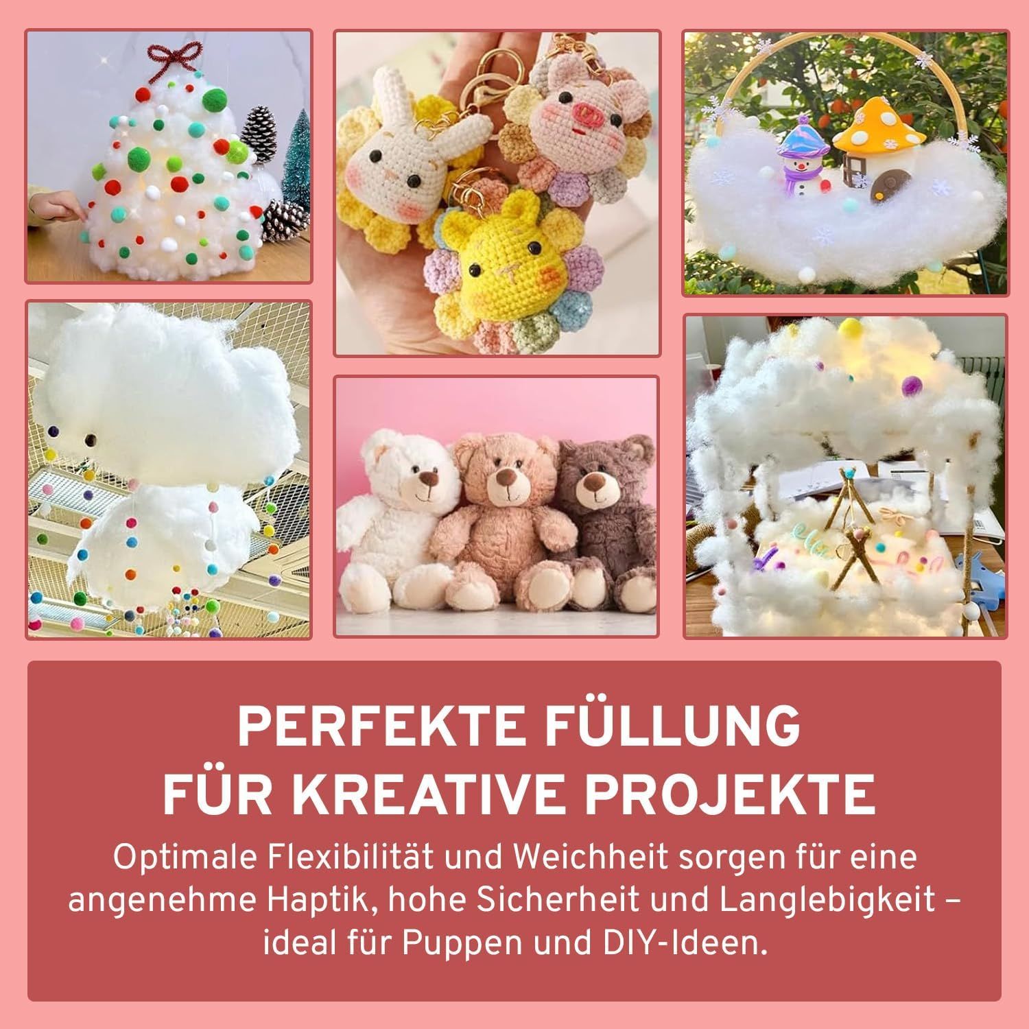Verschiedene Bastelprojekte mit Füllwatte: Weihnachtsbaum, Häkeltiere, Korb, Wolken, Teddybären. Text: Perfekte Füllung für kreative Projekte.