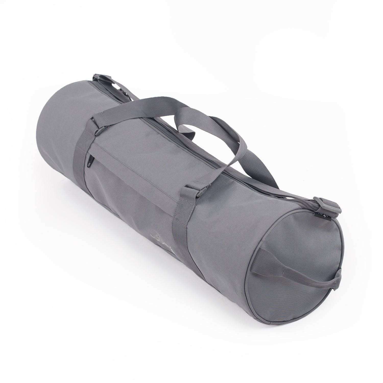 Graue Yogamatten Tasche. Zylindrische Form, Schultergurt, Reißverschluss. Polyester. 