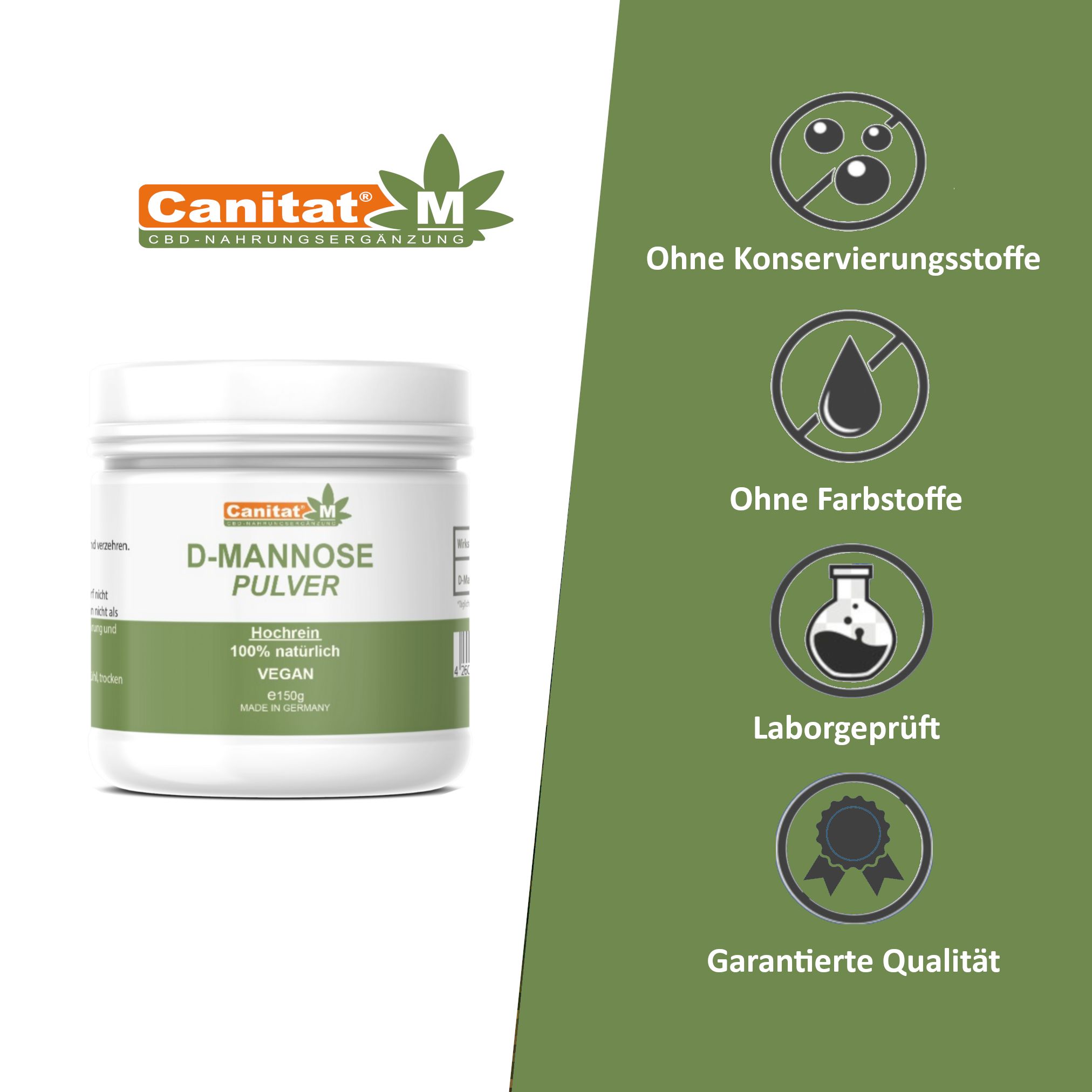 D-Mannose Pulver-Behälter mit Logos: Ohne Konservierungsstoffe, Farbstoffe, Laborgeprüft, garantierte Qualität. Logo: Canitat M.
