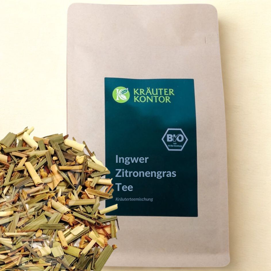 Beutel mit grünem Etikett, Aufschrift 'Ingwer Zitronengras Tee'. Bio-Siegel. Daneben Kräutermischung.