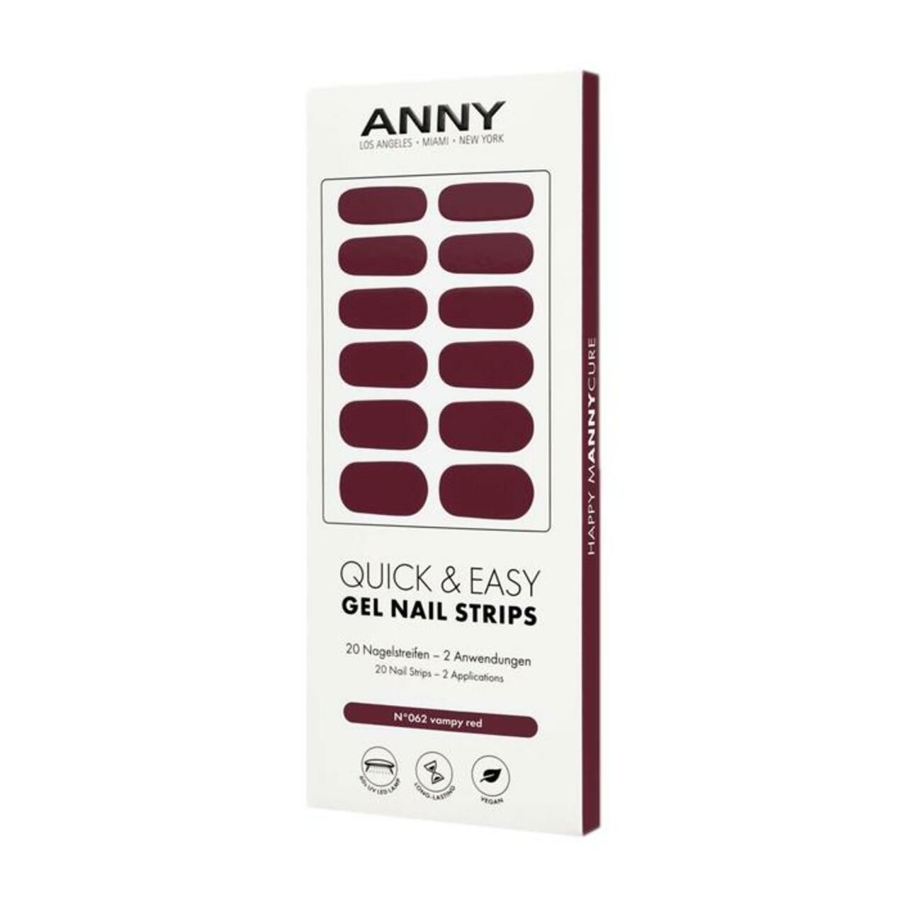 Verpackung mit ANNY Quick & Easy Gel Nail Strips. 20 Nagelfolien in Vampy Red. Produktname und Logo sichtbar.