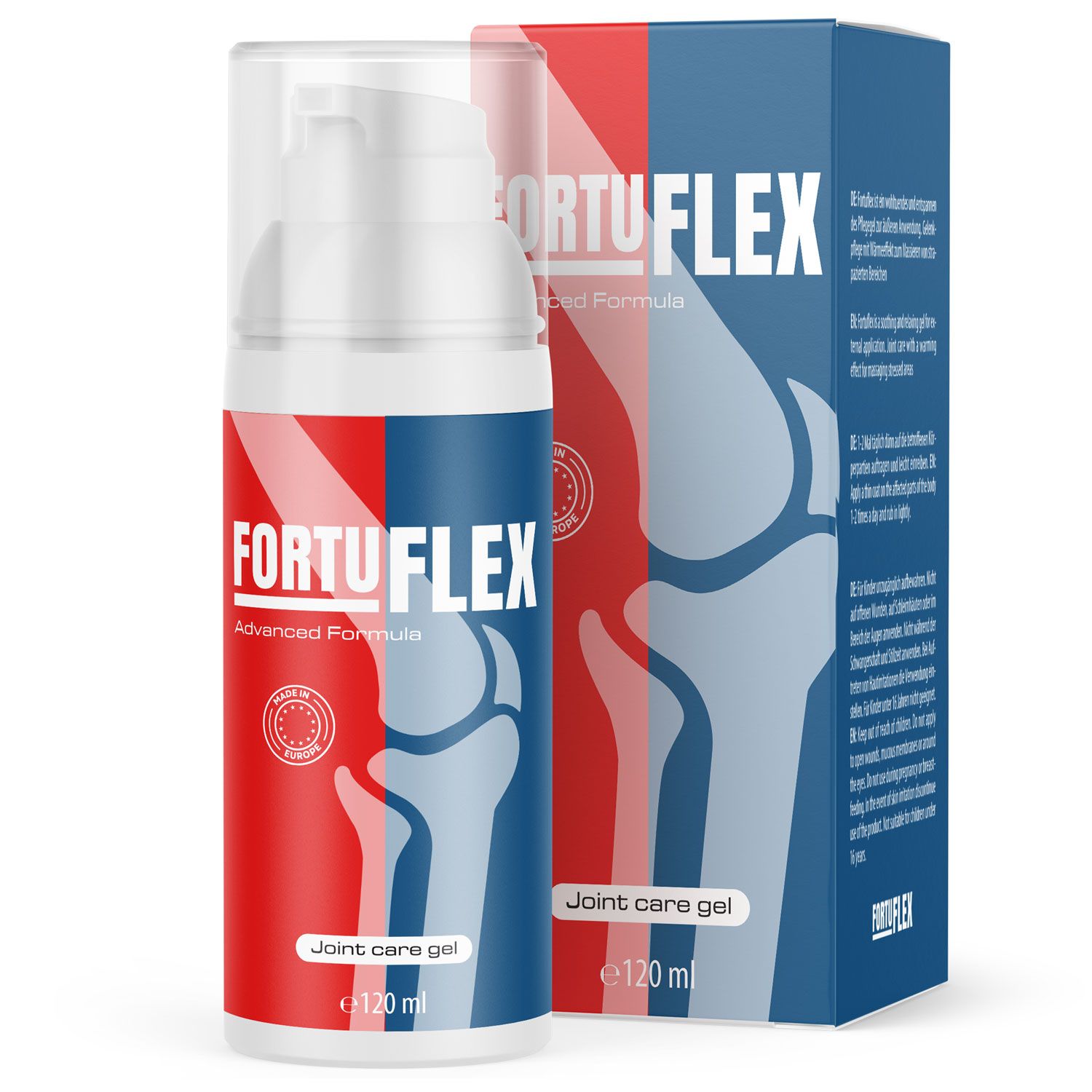 Fortuflex Gel-Flasche mit Verpackung. Rote, blaue und weiße Farben. Aufschrift: Fortuflex, Advanced Formula, Joint care gel, 120 ml.