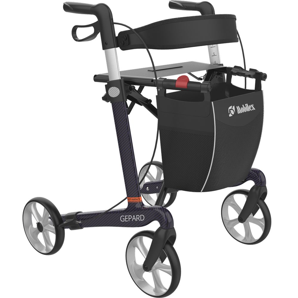 Leichtgewichtrollator Gepard, schwarz-grau. Mit Korb, Sitz und Handgriffen. Marke Mobilex.