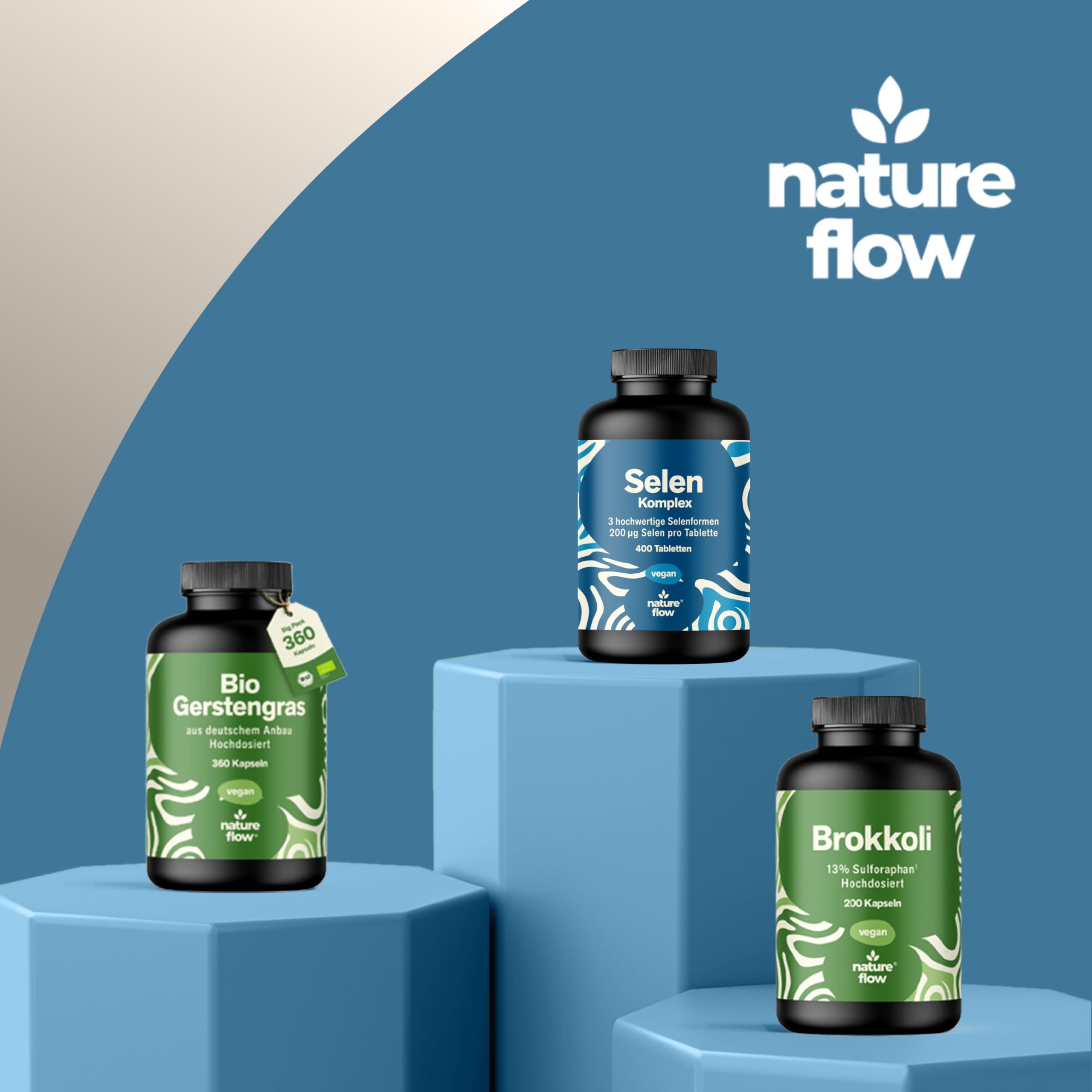 Drei Flaschen auf blauem Podest. Nature Flow Logo. Produkte: Bio Gerstengras, Selen Komplex, Brokkoli. Alle mit schwarzen Deckeln.