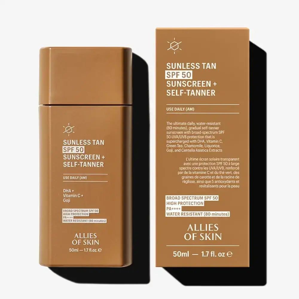 Flasche und Karton für "Sunless Tan SPF 50 Sunscreen + Self-Tanner" von Allies of Skin. Braune Verpackung mit weißer Schrift.
