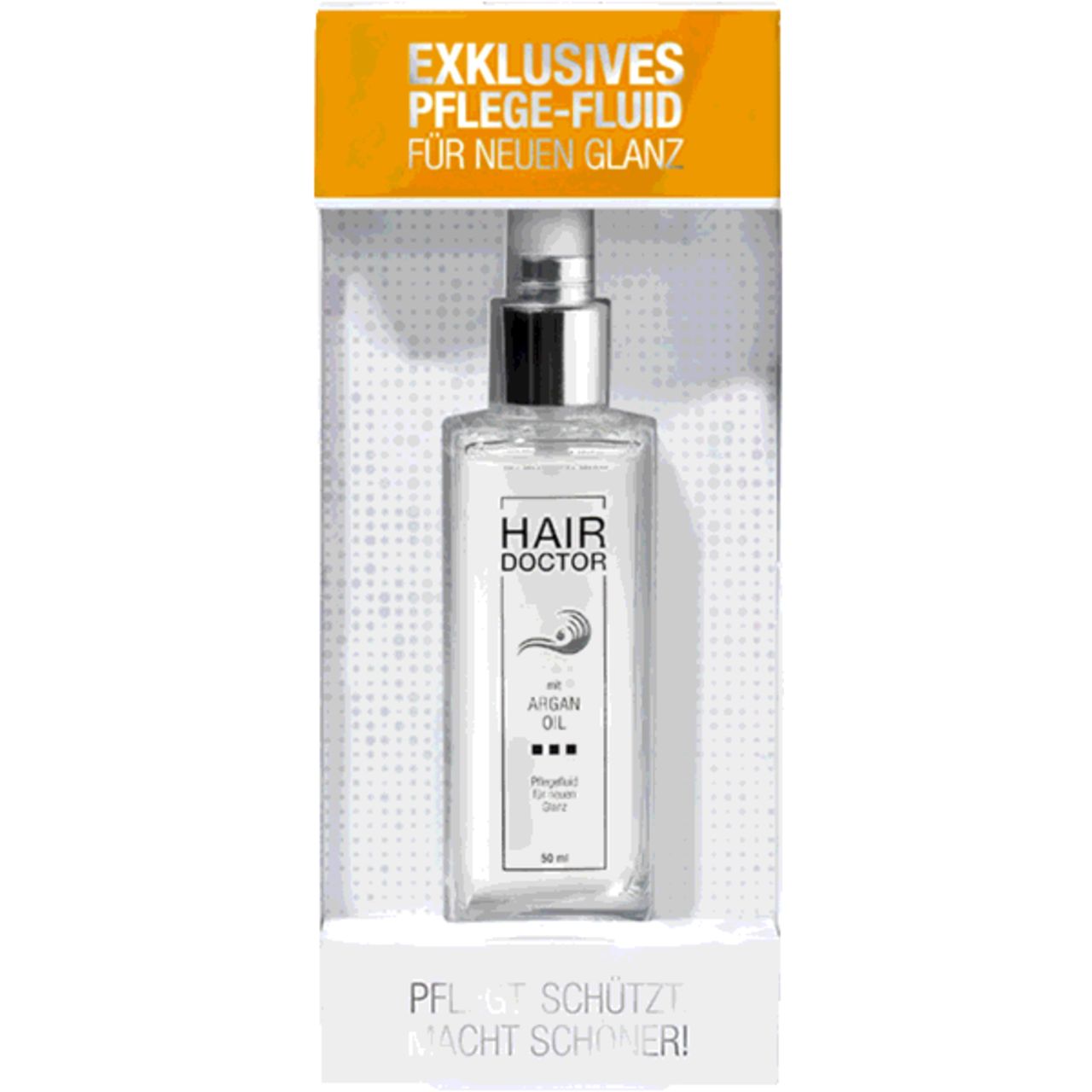 Hair Doctor Argan Oil in Verpackung. Flasche mit Sprühkopf. Text: Exklusives Pflege-Fluid, pflegt, schützt, macht schöner.