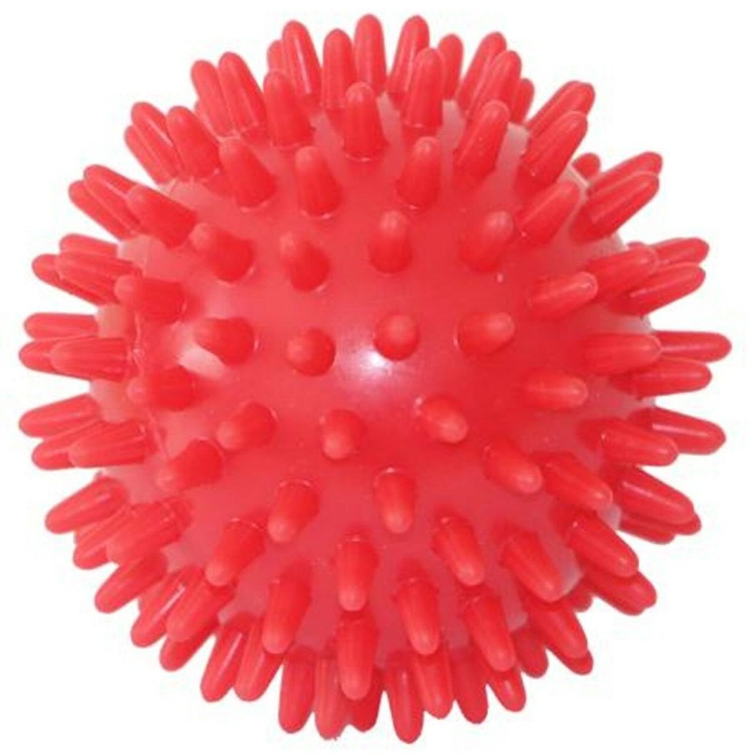 Roter Massageball mit Noppen. Rund, mit vielen kleinen Erhebungen.