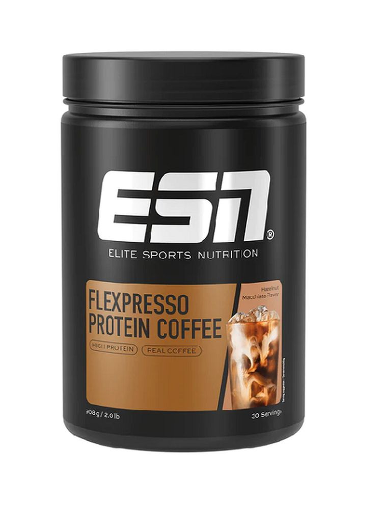 Schwarze Dose mit ESN-Logo und Flexpresso Protein Coffee-Etikett. Abbildung eines Getränks. Text: Elite Sports Nutrition, 408g/2.0lb, 30 Servings.