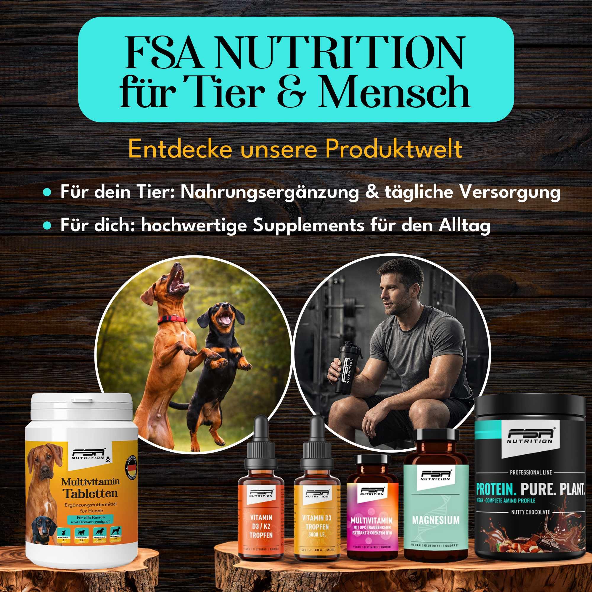 FSA NUTRITION Produkte. Multivitamin Tabletten für Hunde, Vitamin C, Vitamin D3/K2, Magnesium, Protein. Mann und Hunde.