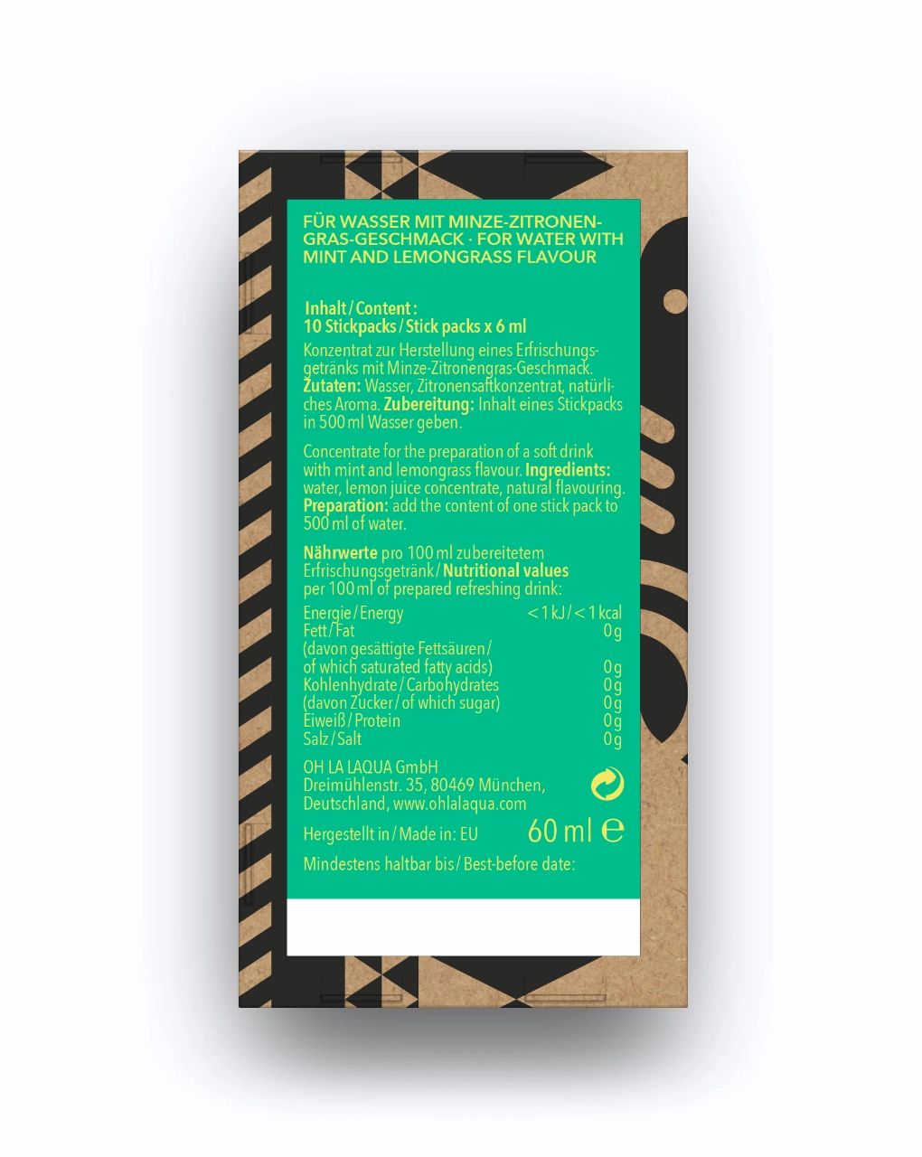 Rückseite der Verpackung. Text in Deutsch und Englisch. Enthält Informationen über Inhaltsstoffe und Nährwerte.