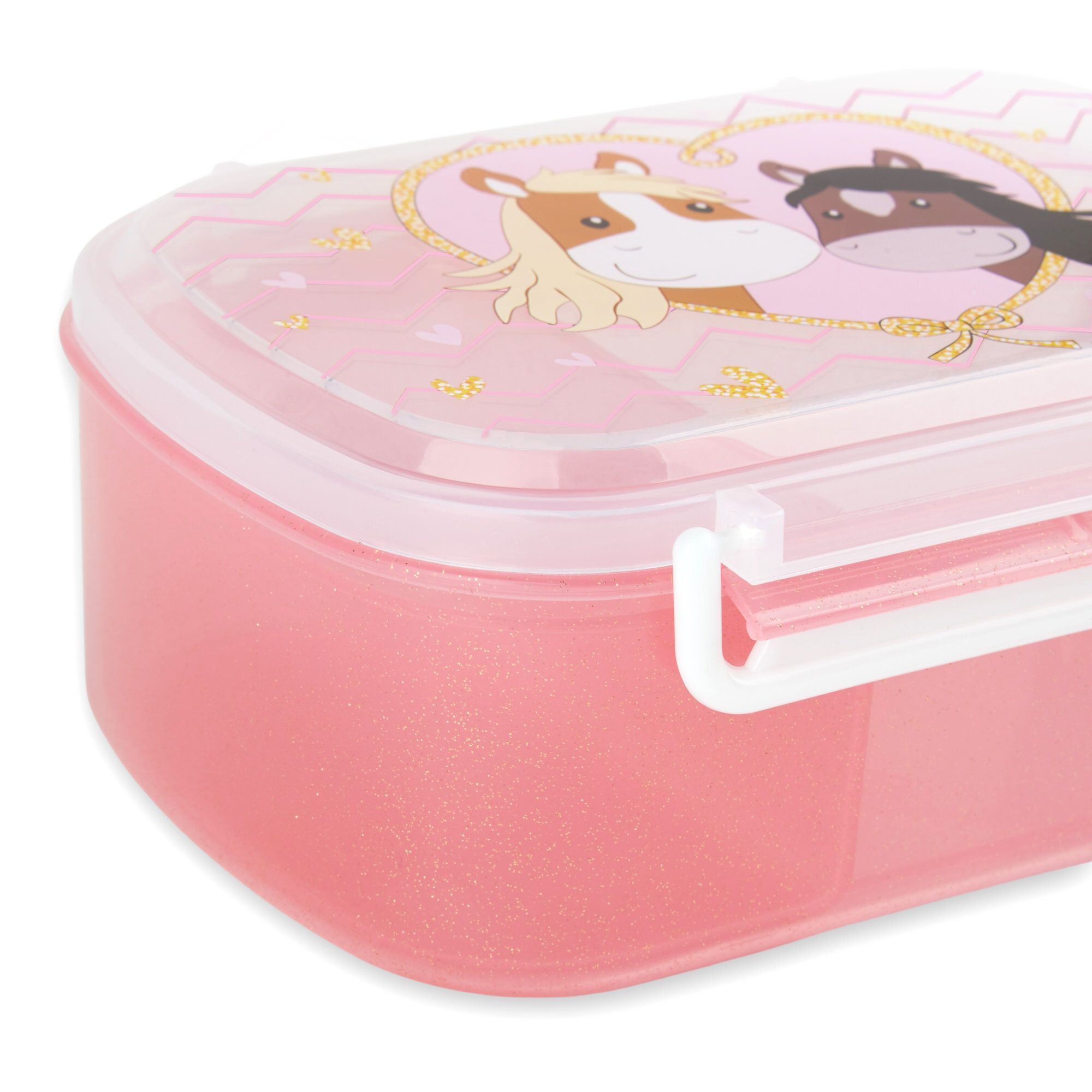 Nahaufnahme einer rosa Brotbox. Deckel mit Pony-Motiv. Verschlusshaken sichtbar. Glitzer-Effekt auf dem Behälter.