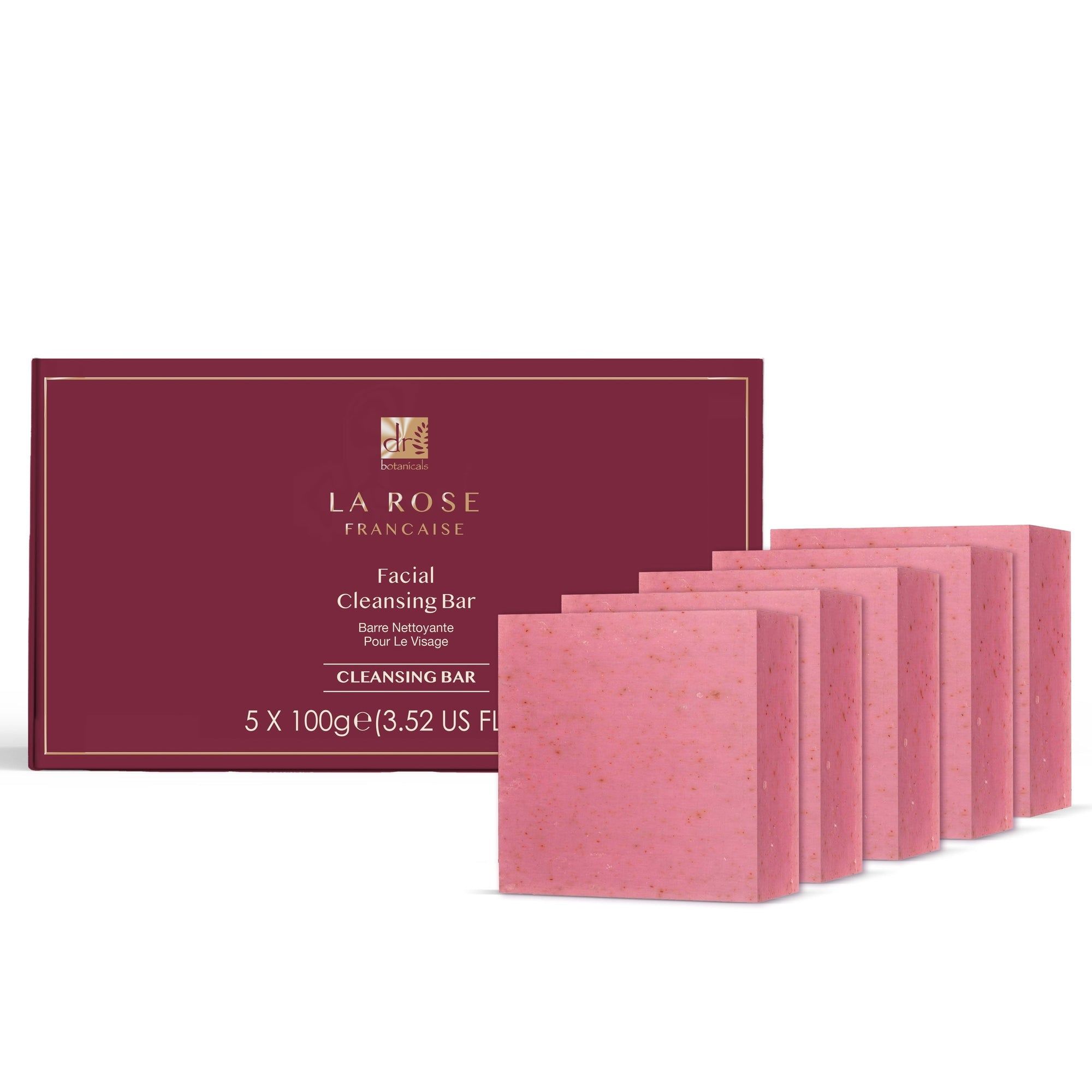 Verpackung mit 5 rosa Gesichtsreinigungsstücken. Aufschrift: La Rose Francaise, Facial Cleansing Bar.