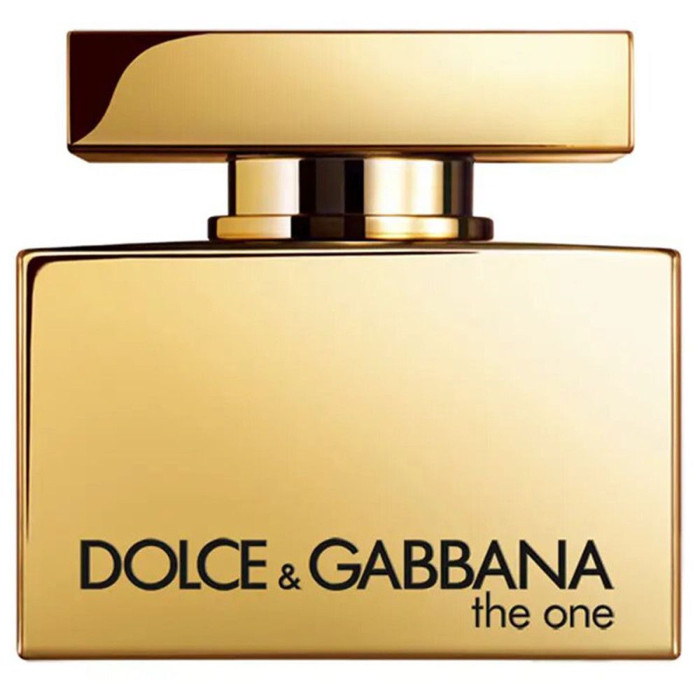 Goldfarbener Flakon von Dolce & Gabbana The One. Aufschrift: DOLCE & GABBANA the one. Rechteckige Form mit goldenem Deckel.
