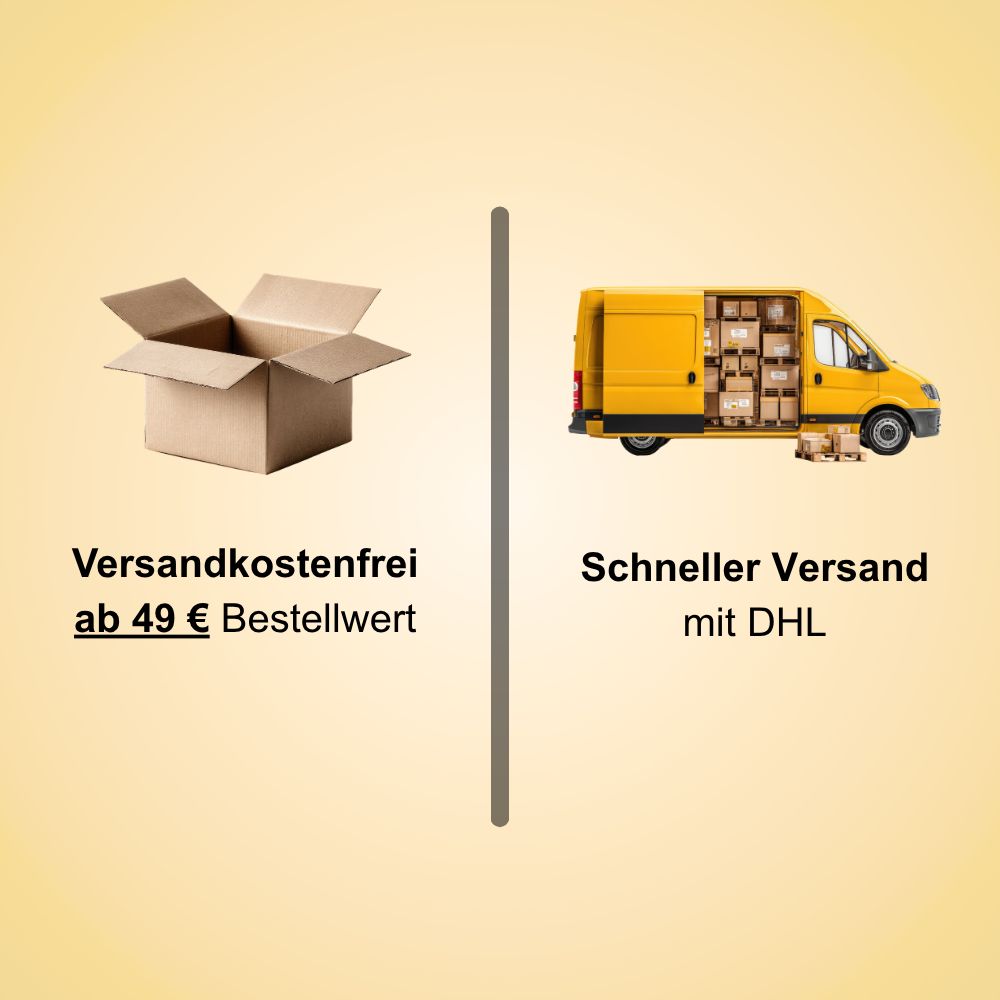 Verpackungssymbol: Offener Karton und gelber Lieferwagen mit Paketen, Hinweis auf kostenlosen Versand.