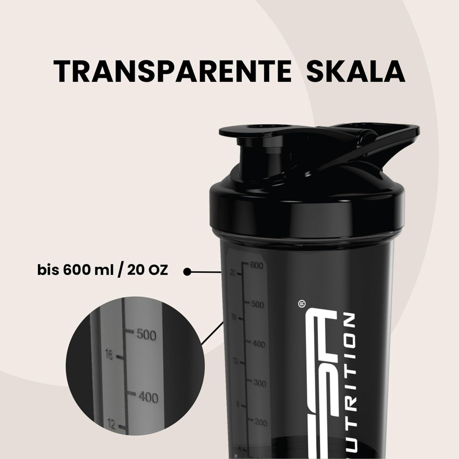 Schwarzer Shaker mit transparenten Skala bis 600 ml. FSA NUTRITION Logo. Beschriftung: Transparente Skala.
