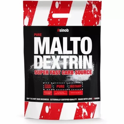 Verpackung mit Maltodextrin. Schwarzer Hintergrund mit weißer Schrift. Aufschrift: MALTO DEXTRIN, SUPER FAST CARB SOURCE. Marke: #sinob.