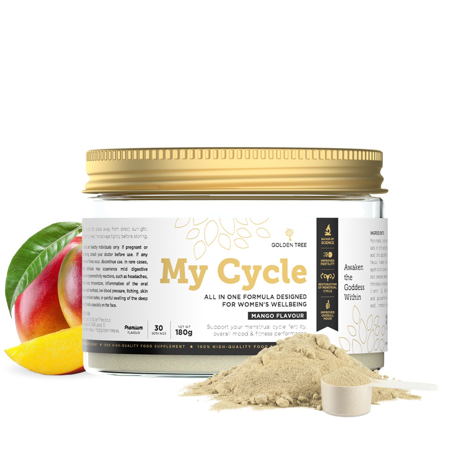 Golden Tree My Cycle Mango Pulver in einem Glasbehälter mit Löffel und Mangostücken.