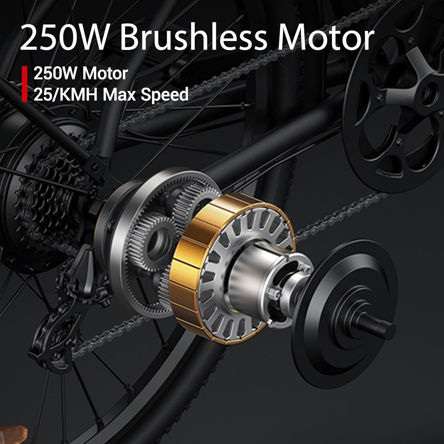 E-Bike-Motor, 250W bürstenlos, 25 km/h Höchstgeschwindigkeit. Zahnräder und Kette sichtbar. Goldfarbener Motor.