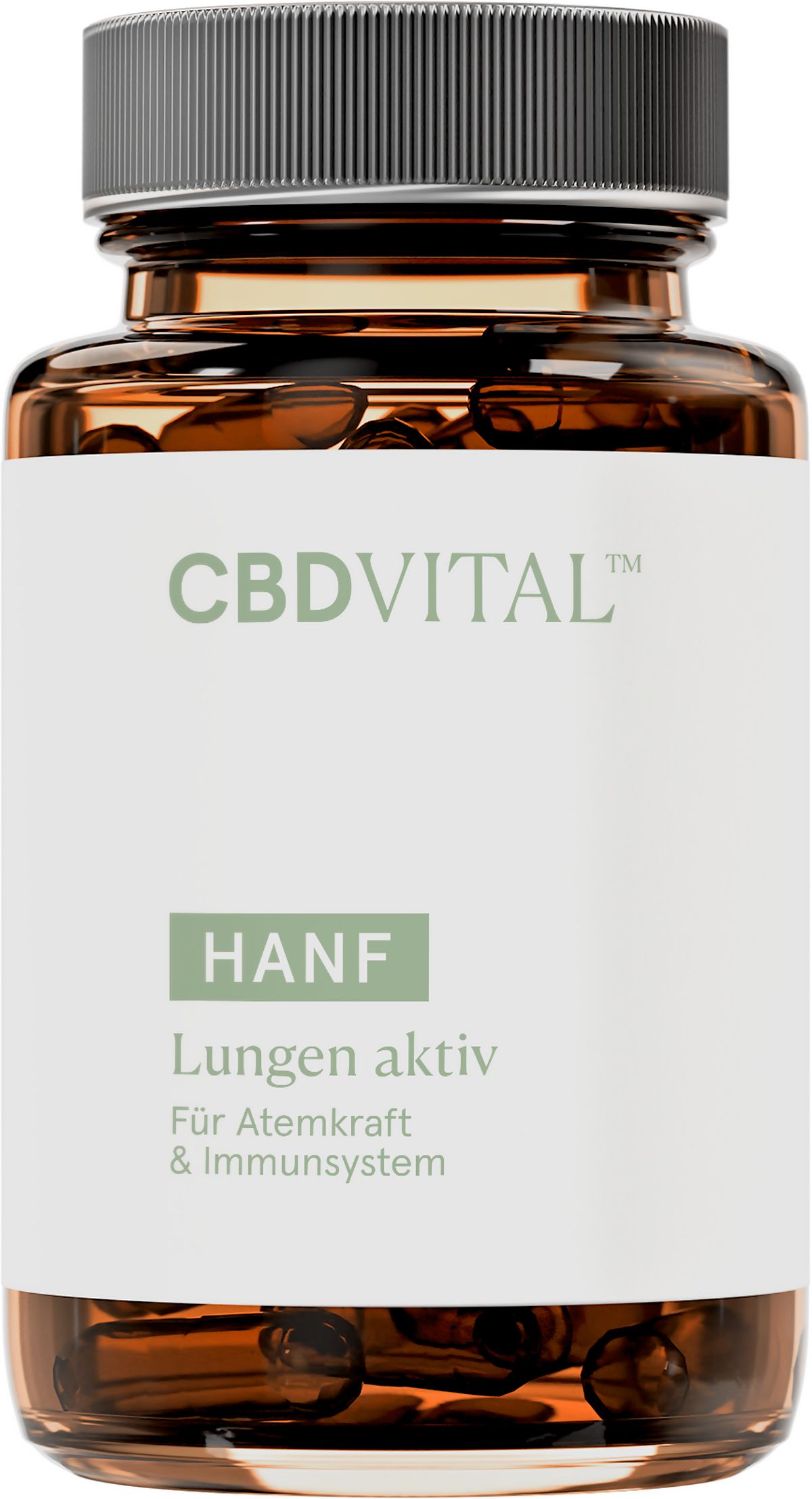 Braune Glasflasche mit grauem Schraubverschluss, gefüllt mit CBDVITAL HANF Lungen aktiv Kapseln.