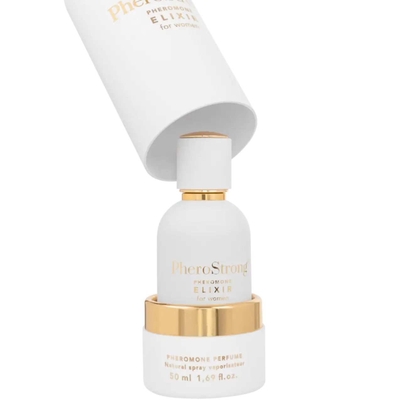 Weiße Flasche PheroStrong in der Verpackung. Goldene Details. Produktinformationen auf der Verpackung.
