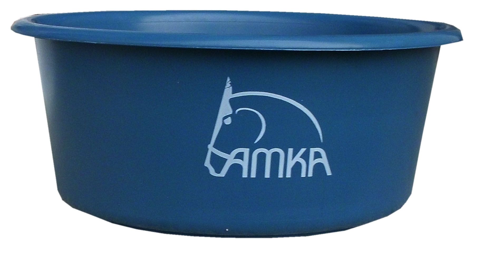 Blaue Futterschale. Runde Form mit erhöhtem Rand. Logo AMKA mit Pferde-Silhouette.