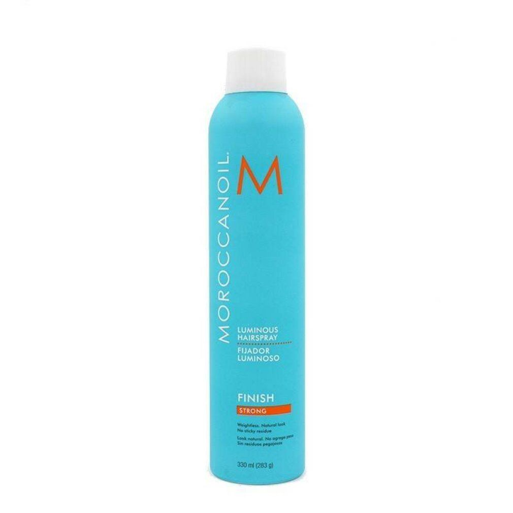 Türkisfarbene Sprühflasche mit weißem Deckel. Aufschrift: MOROCCANOIL, Luminous Hairspray, Finish Strong. Orangefarbener Akzent.