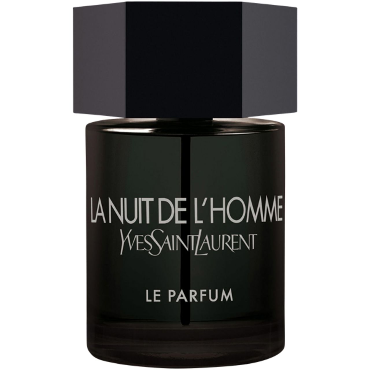 Schwarzer Flakon mit sechseckigem Deckel. Aufschrift: La Nuit de L'Homme, Yves Saint Laurent, Le Parfum.