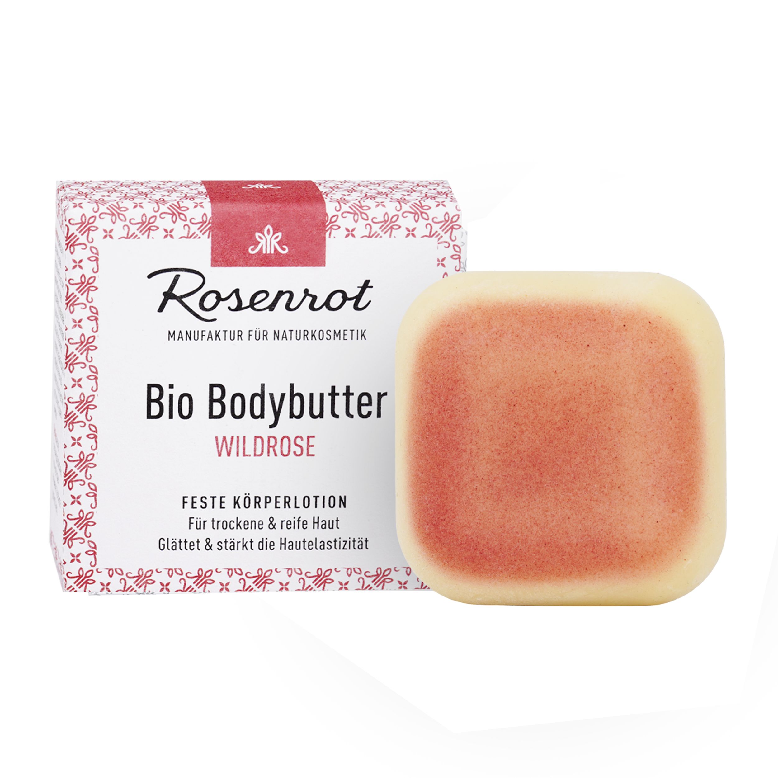 Feste Bodylotion und Verpackung. Aufschrift: Rosenrot, Bio Bodybutter Wildrose. Für trockene & reife Haut.