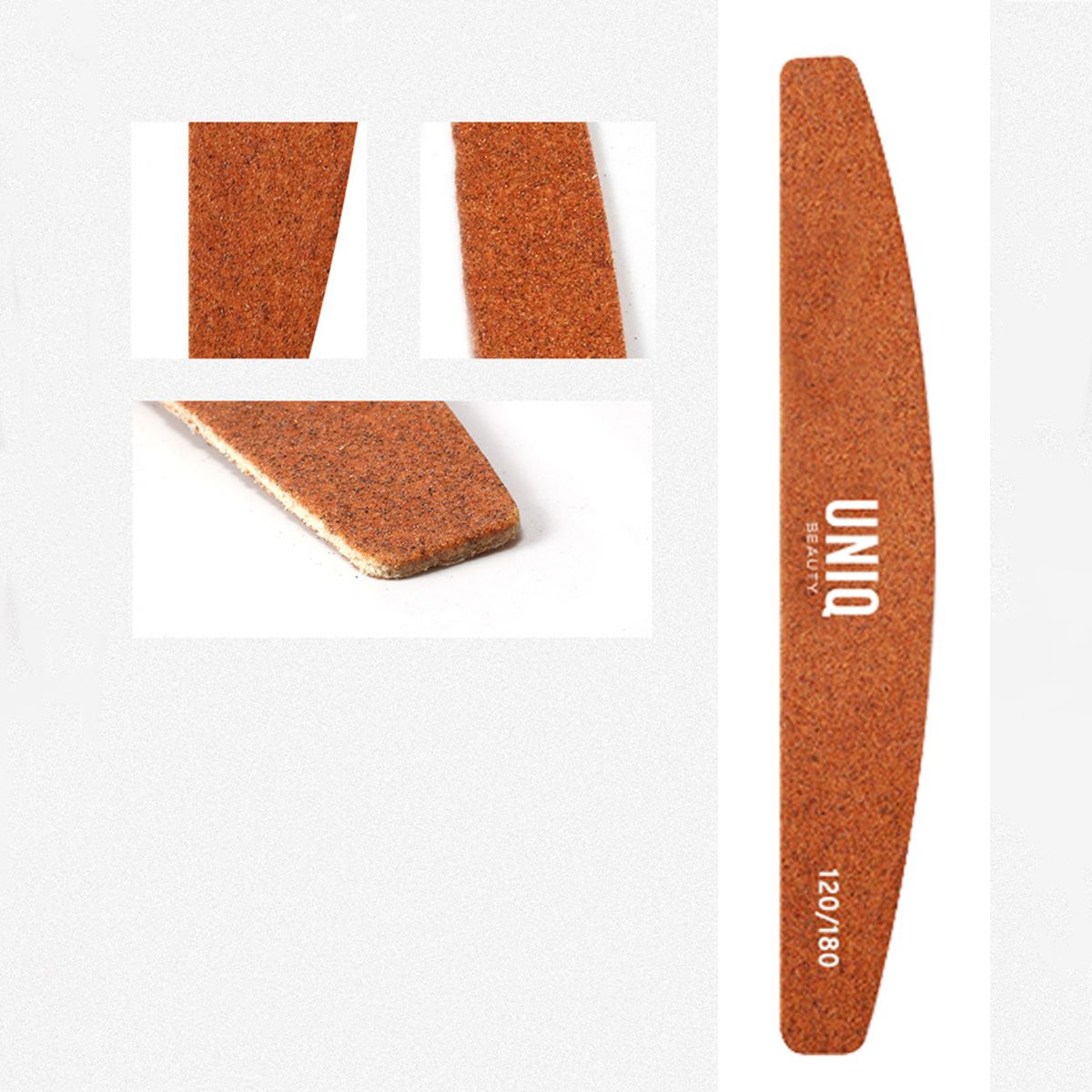 Orange Halbmond-Nagelfeile, 120/180 Körnung, mit weißem Rand.