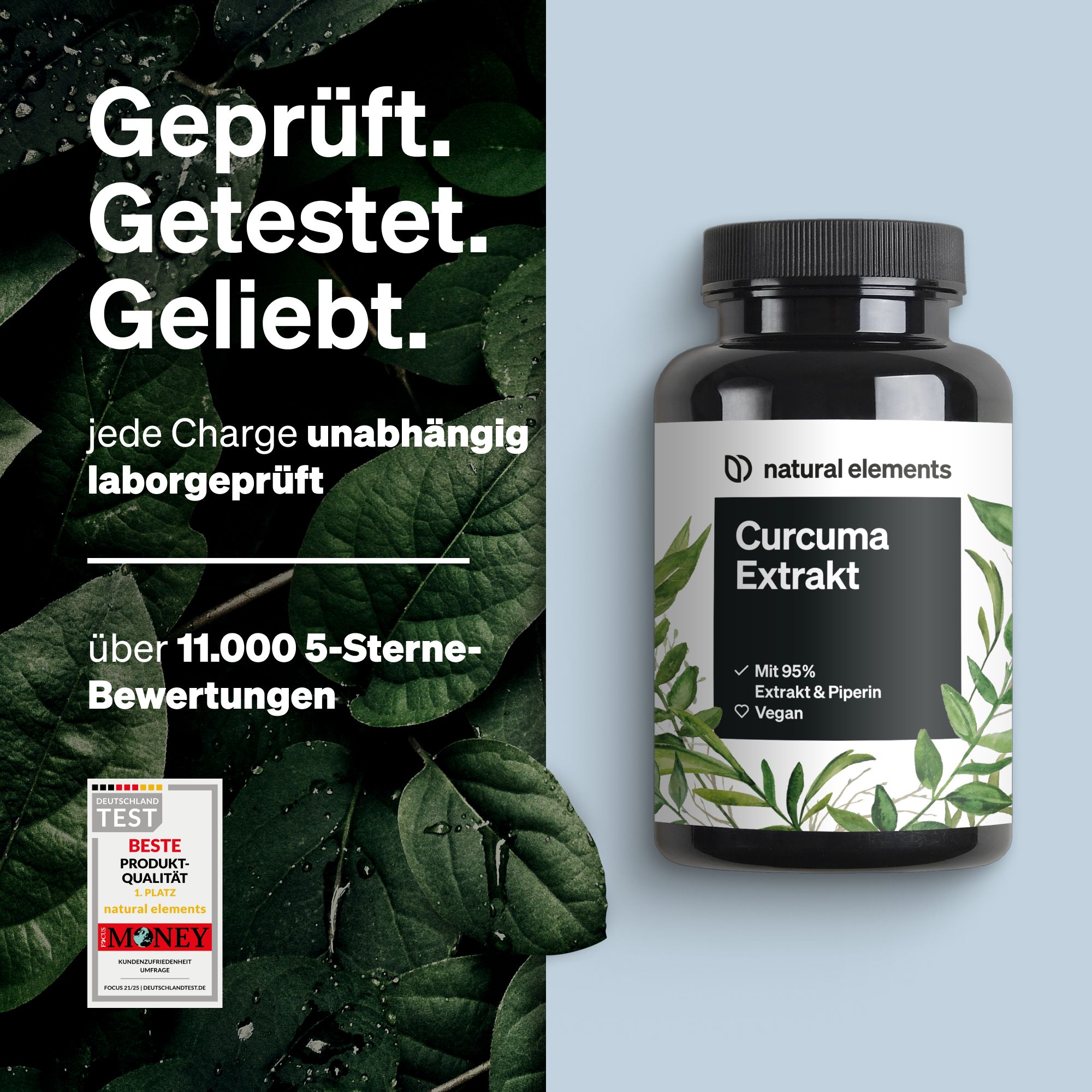 Schwarze Flasche mit weißem Etikett. Text: Curcuma Extrakt, Mit 95% Extrakt & Piperin, Vegan. Text: Geprüft. Getestet. Geliebt.