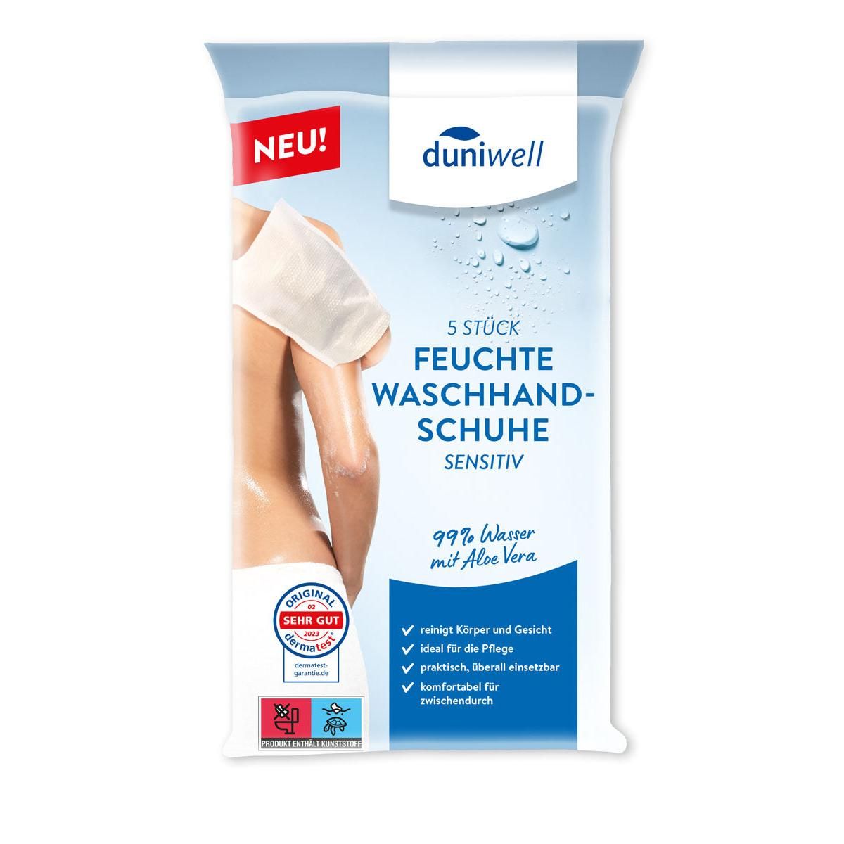 Verpackung mit feuchten Waschhandschuhen. Aufschrift: duniwell, 5 Stück, feuchte Waschhandschuhe sensitiv. Mit Aloe Vera.