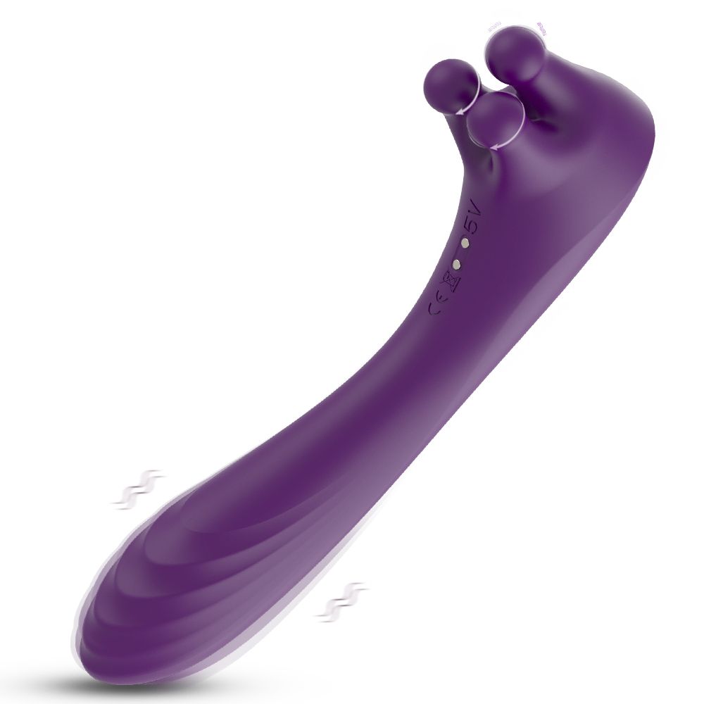 Lila Vibrator mit drei Kugeln am Kopf. Wellenlinien deuten auf Vibrationen hin. CE-Kennzeichnung.