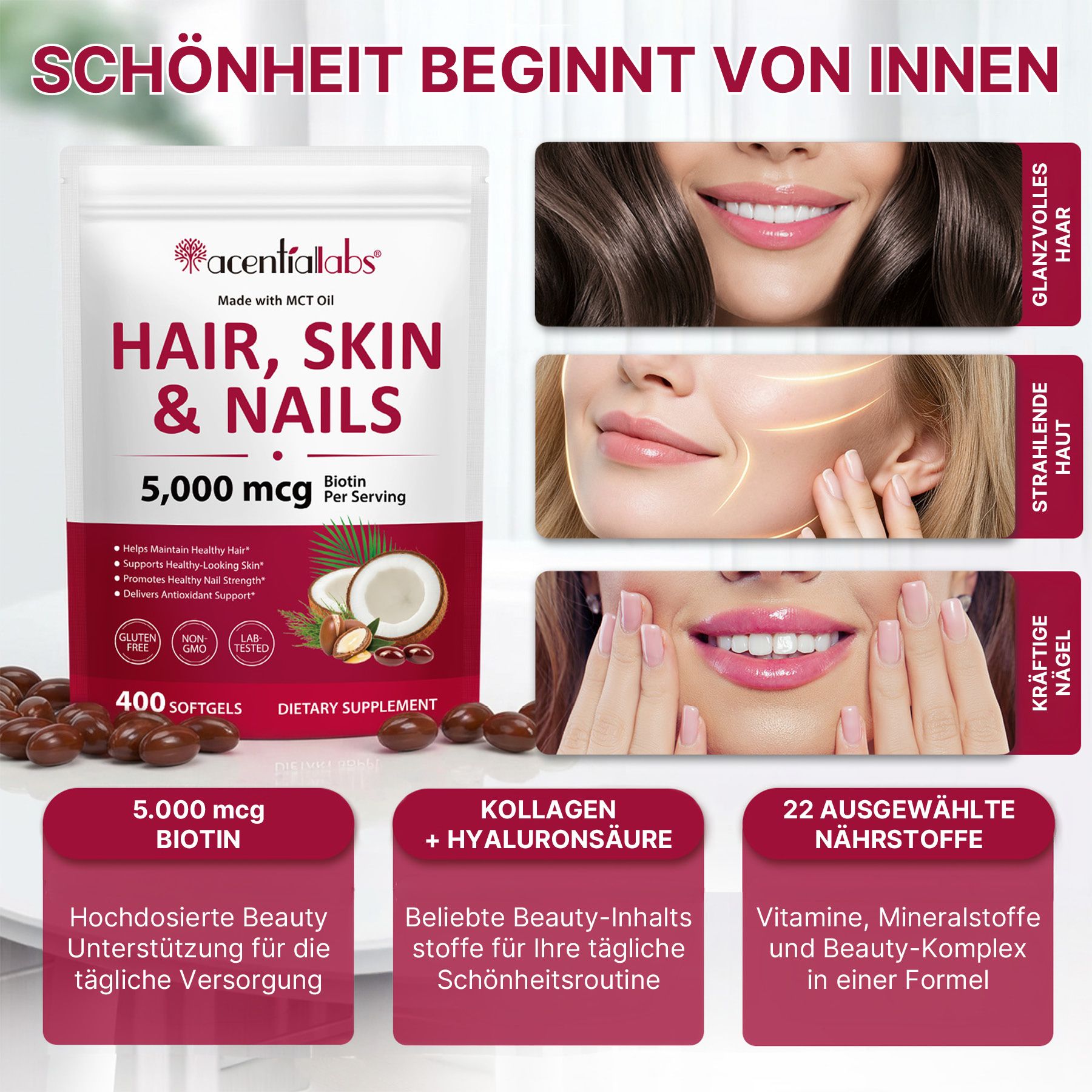 Packung mit 400 Softgels für Haar, Haut und Nägel, 5.000 mcg Biotin pro Portion.
