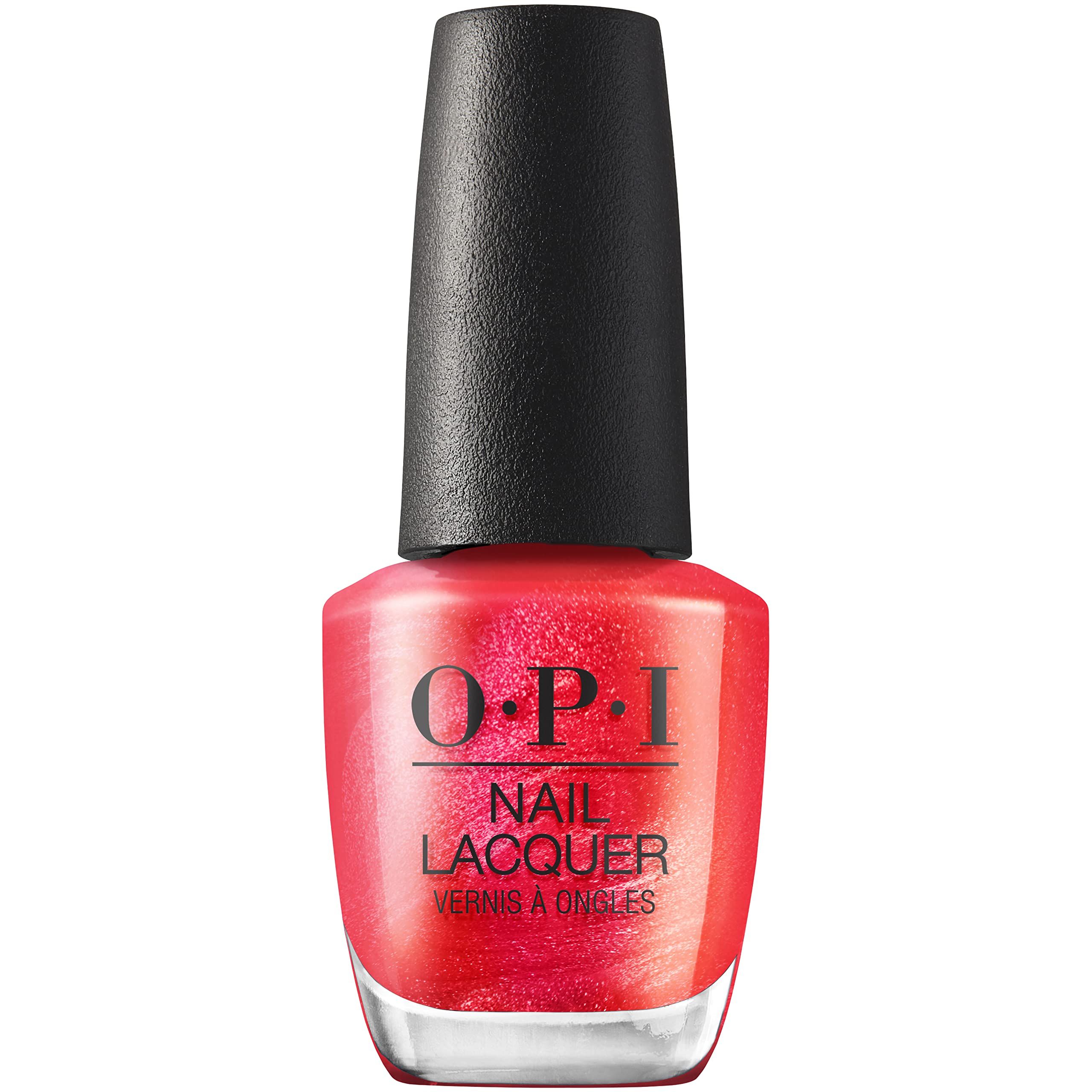 OPI Nagellacke Flasche. Roter Nagellack mit schwarzem Deckel. Produktname und Logo auf der Flasche.