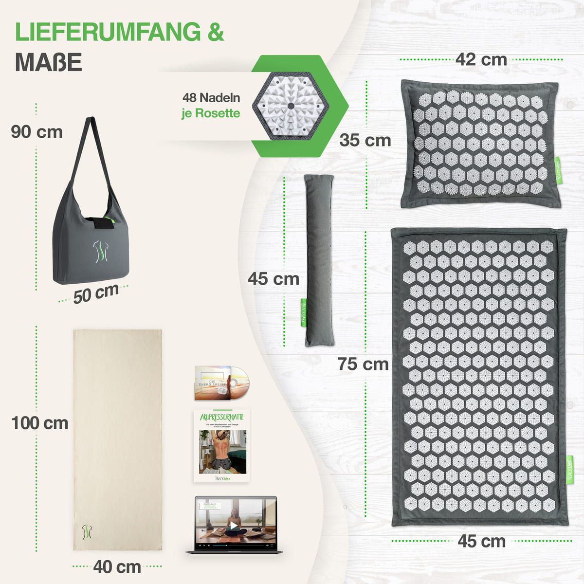 Set mit Akupressurmatte, Kissen, Tasche, Handtuch und Zubehör. Maße: Matte 100x45cm, Kissen 35x42cm, Tasche 90x50cm. 48 Nadeln pro Rosette.