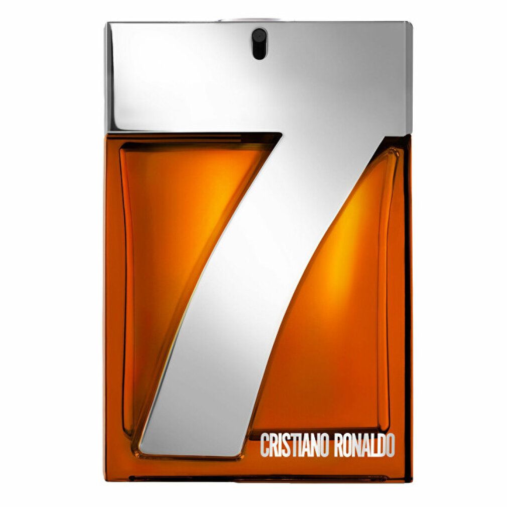 Eau de Toilette-Flakon. Orangefarben, silberner Deckel, weißes '7'. Text: 'Cristiano Ronaldo'.