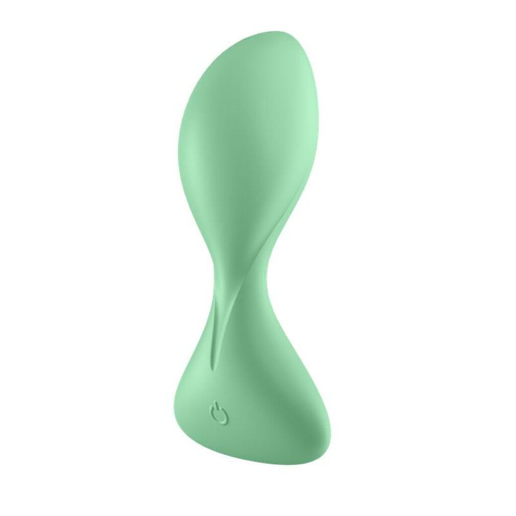 Grüner Vibrator mit verdrehter Mitte, von der Seite betrachtet.