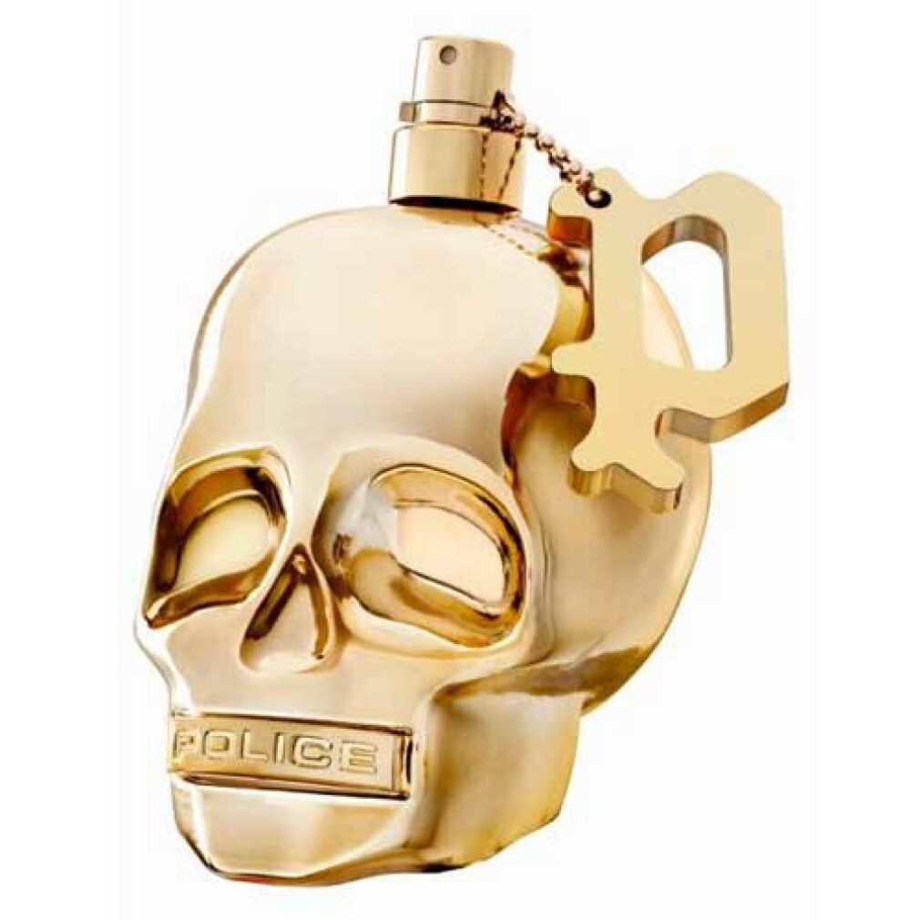 Goldener Totenkopf-Parfümflakon mit Anhänger. "Police" Schriftzug am Kinn.
