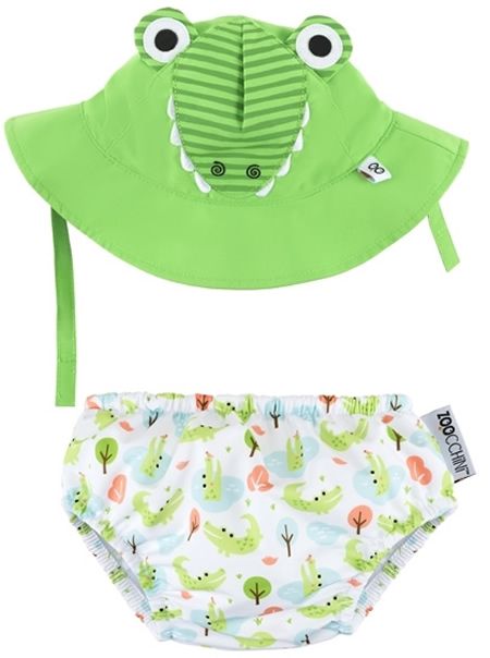 Grüner Sonnenhut mit Alligator-Gesicht und grüne Badewindel mit Alligator-Muster. Marke Zoocchini.