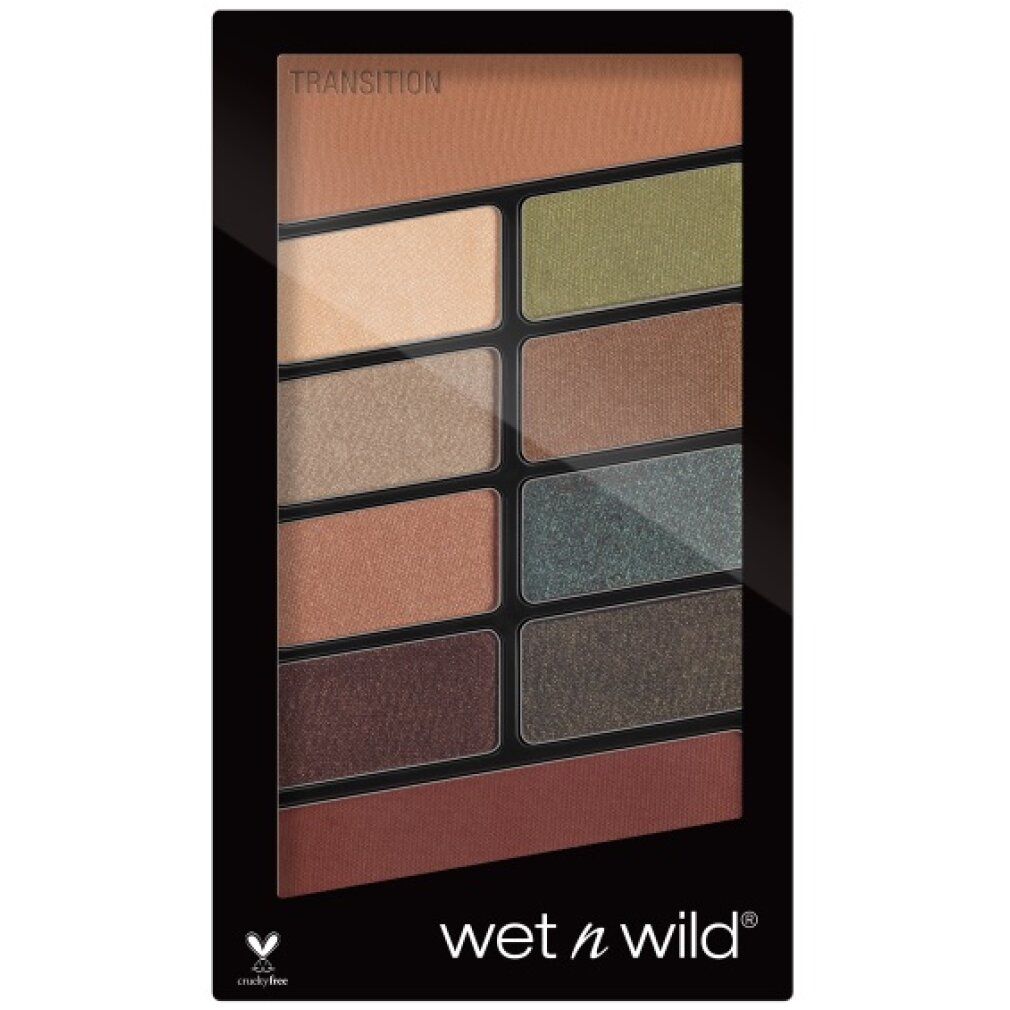 Palette mit 10 Lidschattenfarben. Schwarze Verpackung mit Produktnamen und Cruelty-Free-Logo. Brauntöne, Grün und Beige.