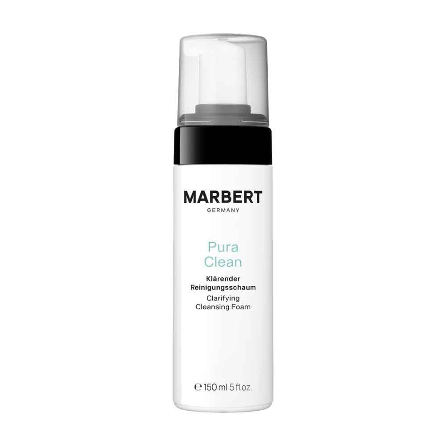 Weißer Spender mit schwarzem Band und transparentem Deckel. Schriftzug: MARBERT, Pura Clean, Klärender Reinigungsschaum, Clarifying Cleansing Foam.