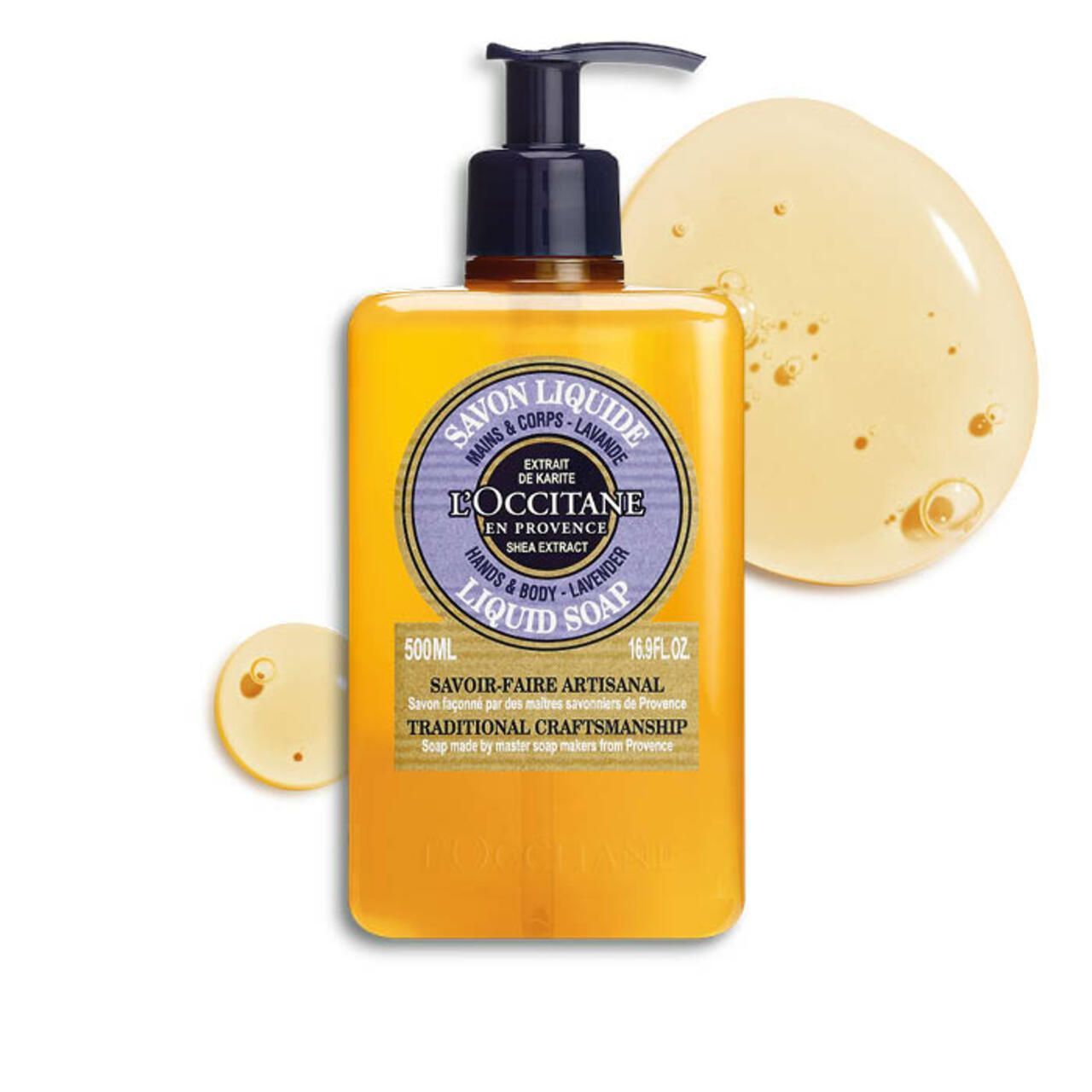 Flüssigseife L'Occitane, Lavendel. Gelbe Flasche mit Pumpkopf. Text: Savon Liquide, Shea Extract.