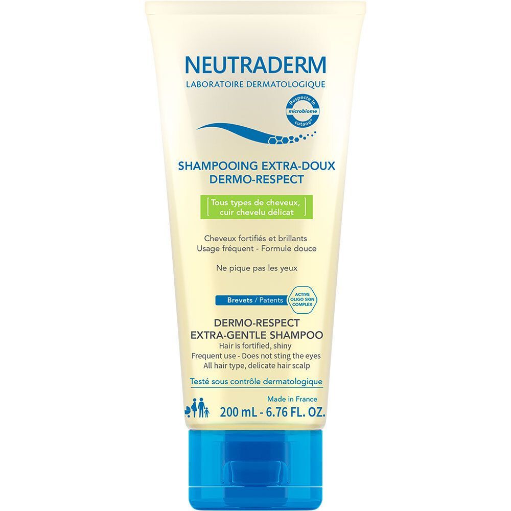 Neutraderm Shampoo, Tube mit blauer Kappe. Aufschrift: Dermo-Respect, Extra-sanftes Shampoo. Für alle Haartypen, empfindliche Kopfhaut.
