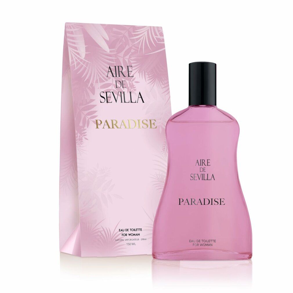 Rosa Flakon und Verpackung. Flakon mit schwarzem Verschluss. Aufschrift: Aire de Sevilla Paradise. Eau de Toilette.