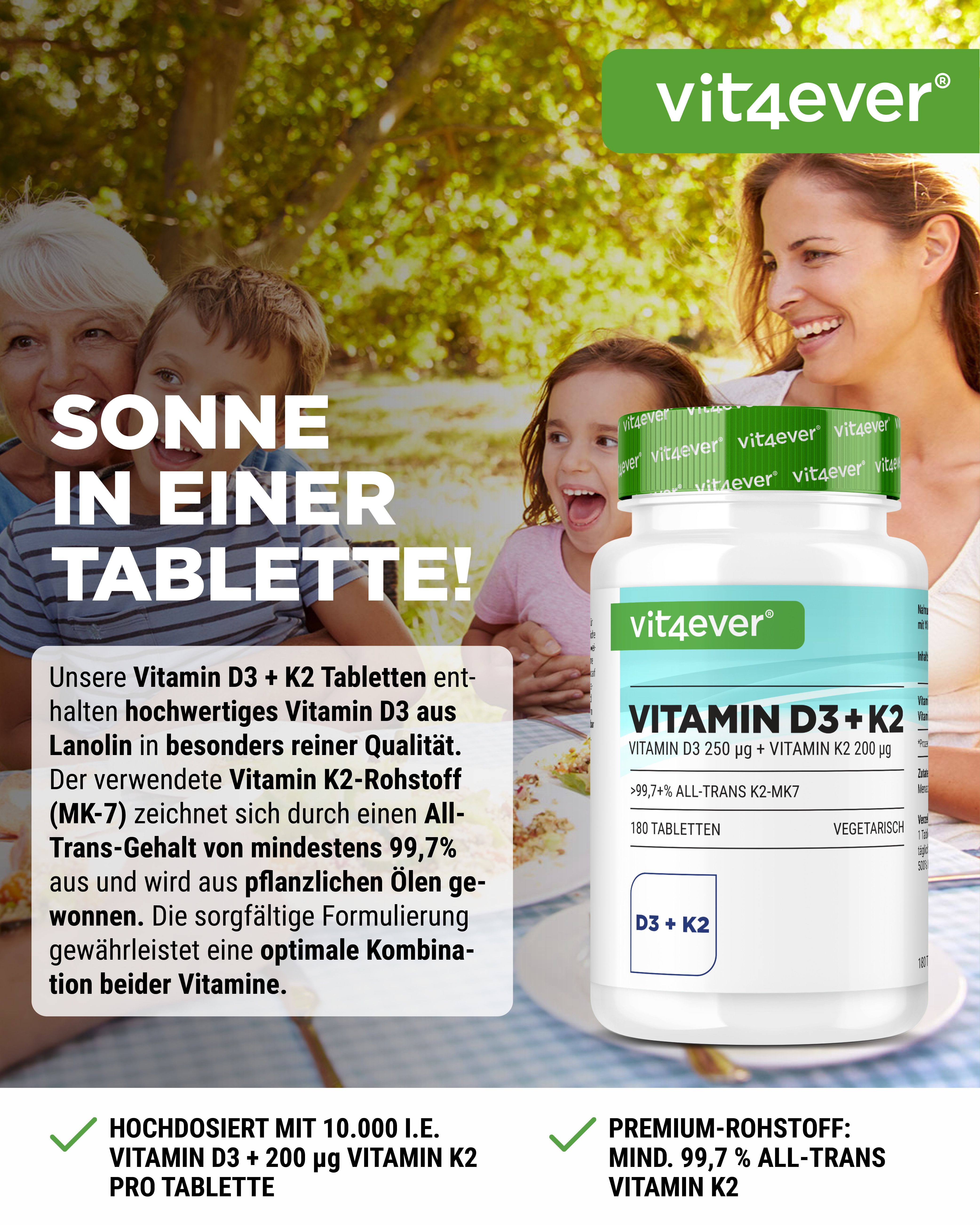 Vit4ever Vitamin D3+K2 Tabletten-Dose. Aufschrift: Vitamin D3 10.000 I.E. + Vitamin K2 200 mcg. 180 Tabletten. Vegetarisch.