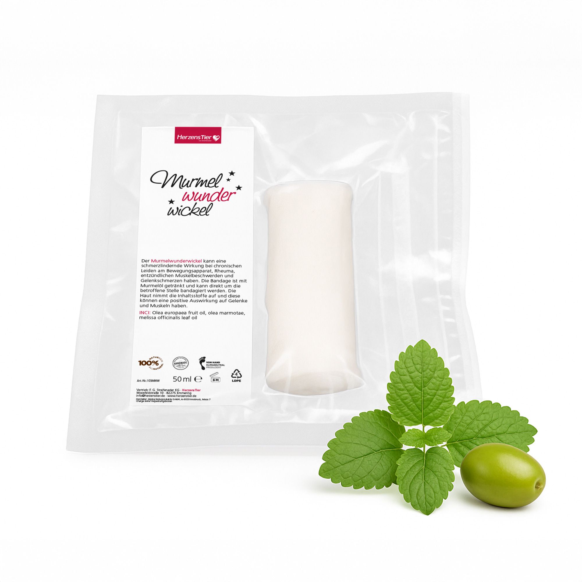 Produktverpackung mit Wickel, Kräutern und Oliven. Aufschrift: Murmelwunderwickel.