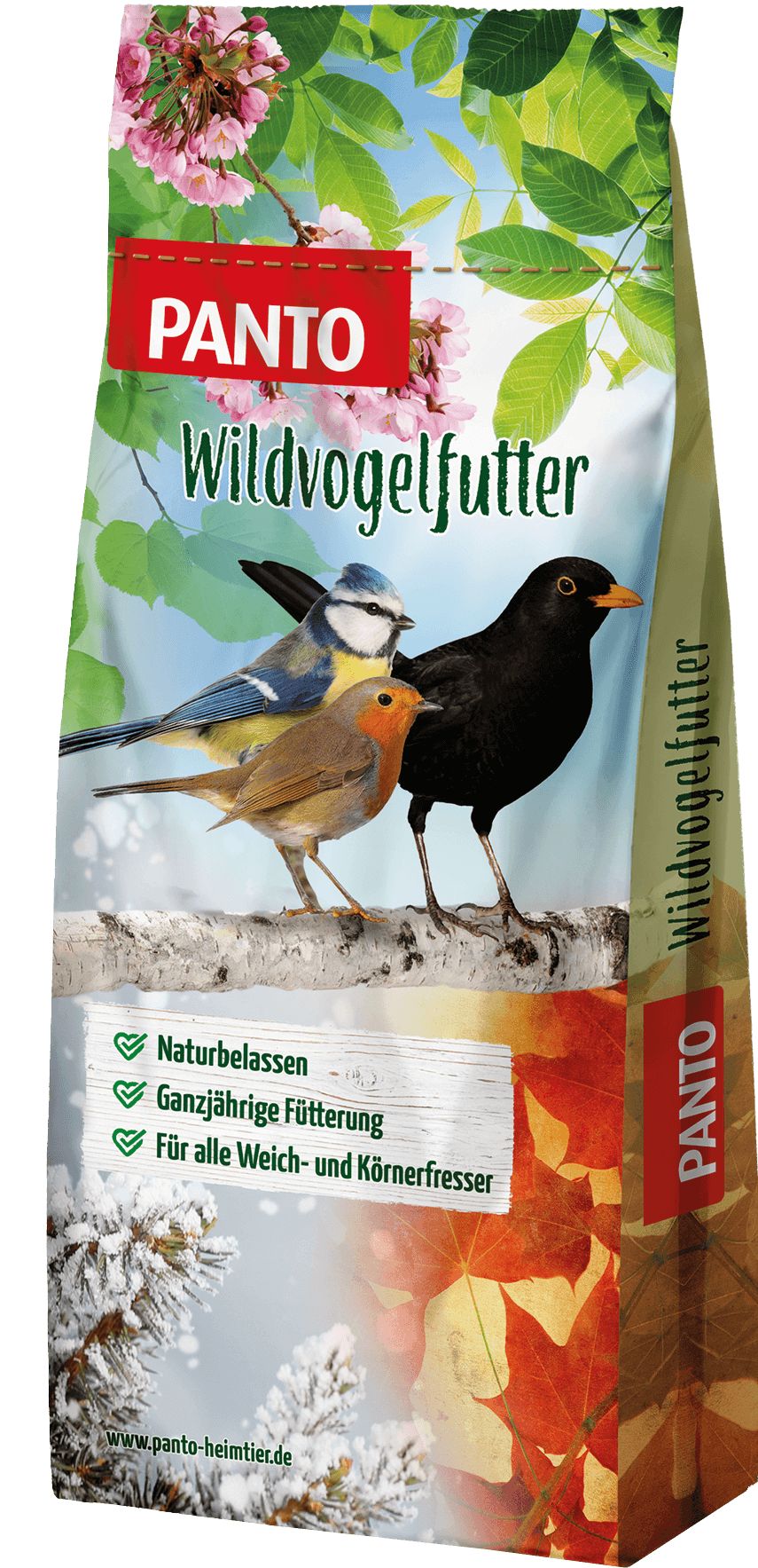Verpackung mit "PANTO" und "Wildvogelfutter". Abbildung von Vögeln auf Ast. Text: "Naturbelassen", "Ganzjährige Fütterung".